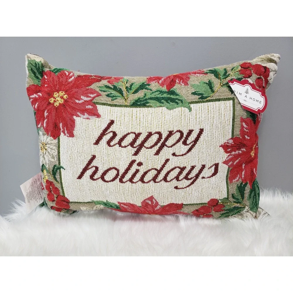 NEW Vintage Christmas Tapestry Rug Throw Pillow Poinsettia‎ Floral Grandma retro